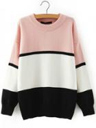 Romwe Women Crew Neck Color-block Striped Sweater