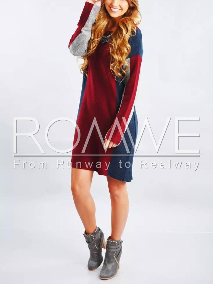 Romwe Red Blue Long Sleeve Color Block Dress