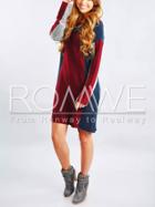 Romwe Red Blue Long Sleeve Color Block Dress