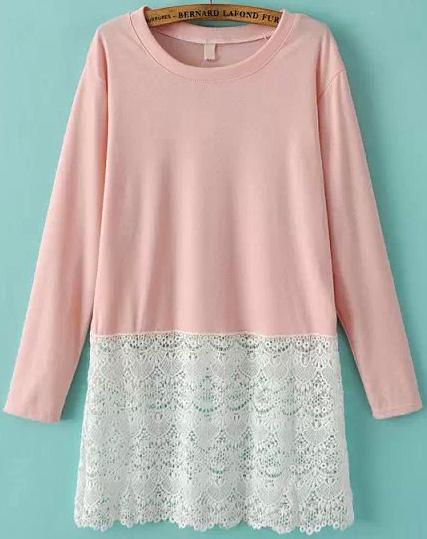 Romwe Contrast Lace Hem Loose Pink Blouse