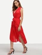 Romwe Red Lapel Self-tie High Low Chiffon Dress With Pockets