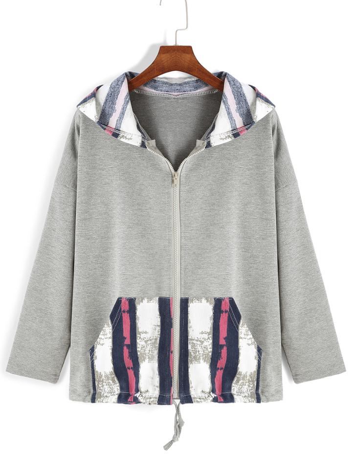 Romwe Hooded Vertical Stripe Zipper Sweatshirt