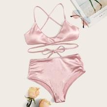 Romwe Criss-cross Self Tie Satin Bikini Set