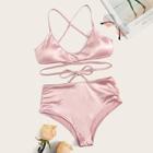 Romwe Criss-cross Self Tie Satin Bikini Set