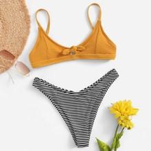 Romwe Ribbed Top With Striped High Cut Bikini Set