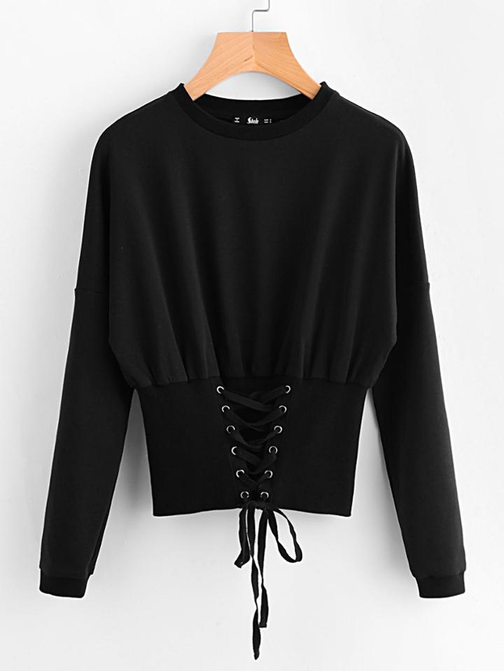 Romwe Grommet Lace Up Wide Hem Sweatshirt