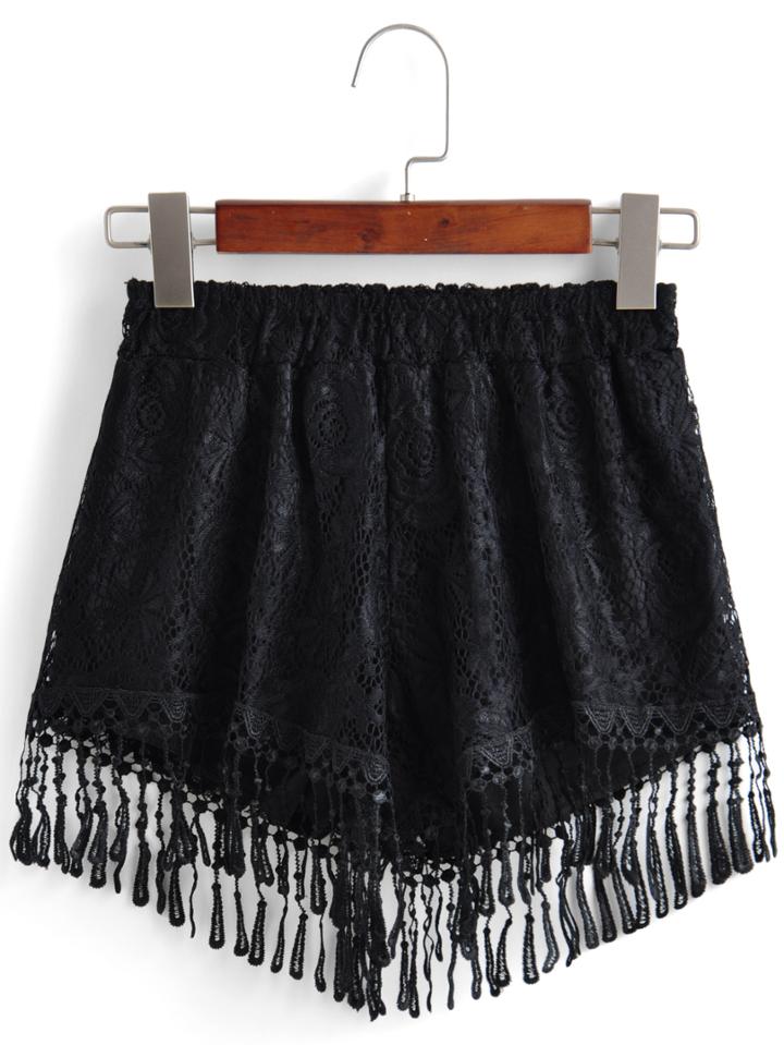 Romwe Elastic Waist With Tassel Lace Black Shorts