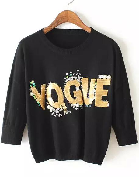 Romwe Sequined Bead Letter Pattern Black Sweater