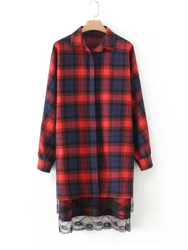 Romwe Lace Panel Dip Hem Checked Dress