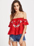 Romwe Frill Detail Embroidered Off Shoulder Trapeze Top