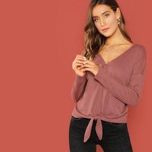 Romwe V Neck Knot Front Ribbed Tee