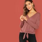 Romwe V Neck Knot Front Ribbed Tee