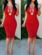 Romwe Lace Up Split Sexy Bodycon Red Dress