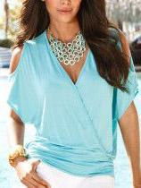 Romwe Blue V Neck Wrap T-shirt
