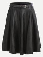 Romwe Black Faux Leather Pleated Skirt With Belt