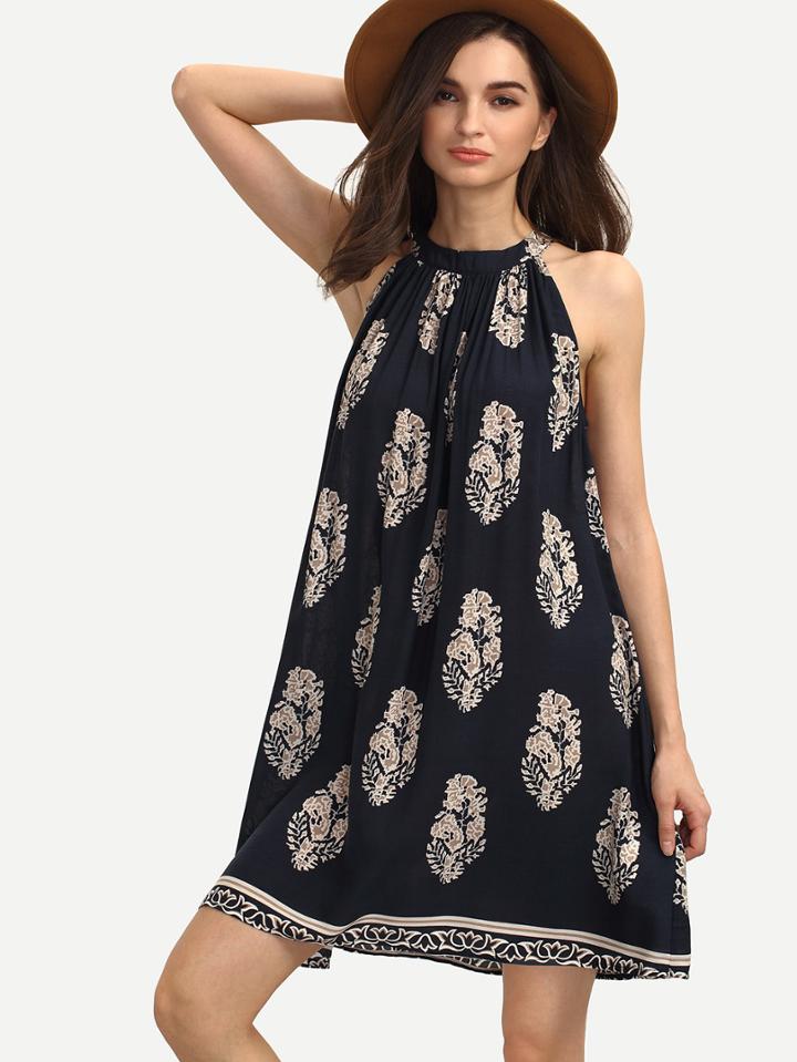 Romwe Crew Neck Printed Sleeveless Shift Dress