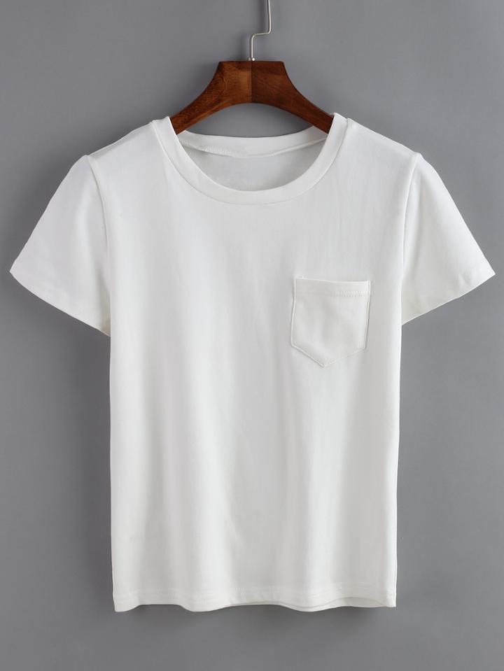 Romwe Crew Neck Pocket White T-shirt