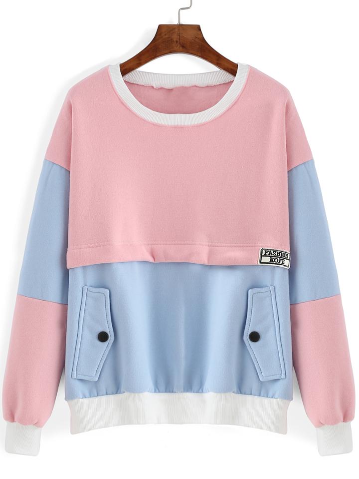 Romwe Pink Blue Loose Sweatshirt With Pockets