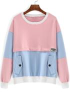 Romwe Pink Blue Loose Sweatshirt With Pockets