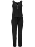 Romwe Black V Neck Zipper Jumpsuit With Drawstring