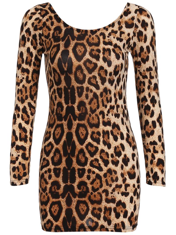 Romwe Scoop Back Long Sleeve Leopard Bodycon Dress