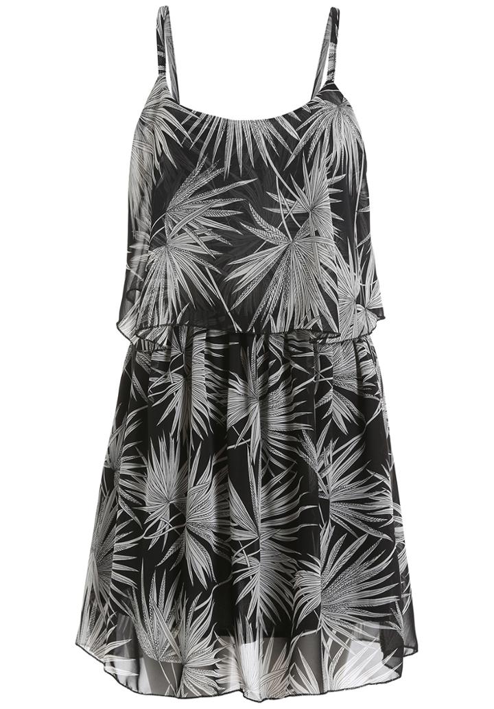 Romwe Spaghetti Strap Leaves Print Chiffon Dress