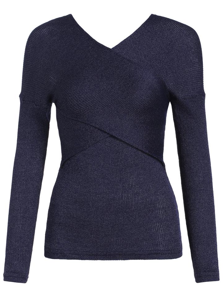 Romwe V Neck Slim Royal Blue Sweater