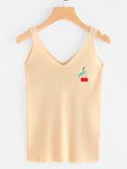 Romwe Cherry Embroidered Ribbed Tank Top
