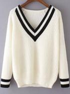Romwe V Neck Varsity-striped White Sweater