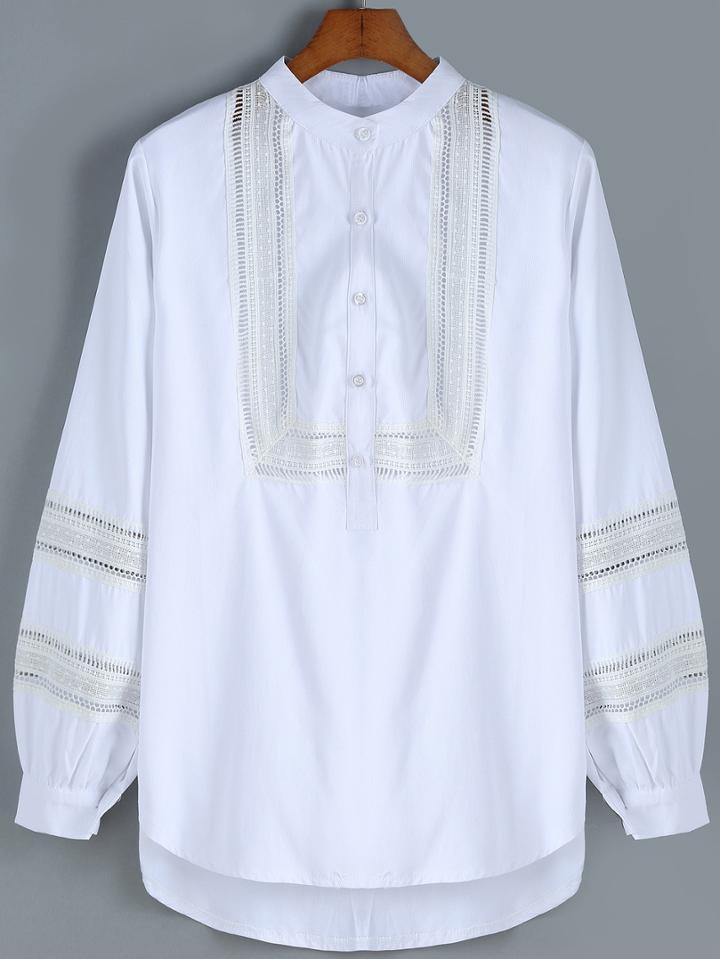 Romwe Lace Insert Hollow Dip Hem Blouse