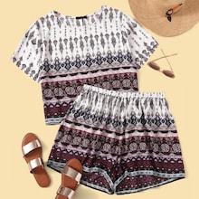 Romwe Plus Aztec Print Tee & Shorts Set