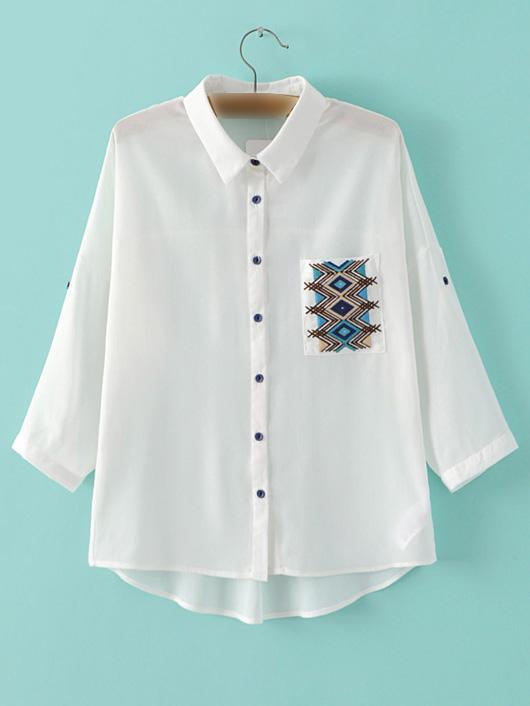 Romwe White Embroidery Dipped Hem Sheer Blouse