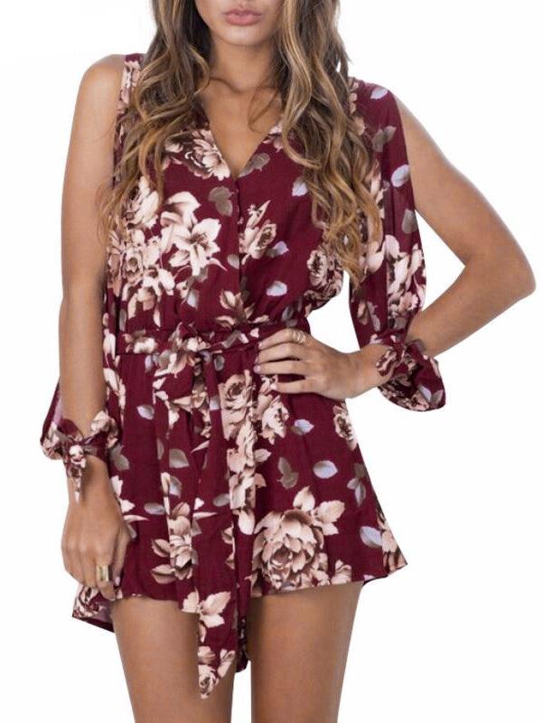 Romwe Surplice Front Slit Shoulder Flower Print Romper