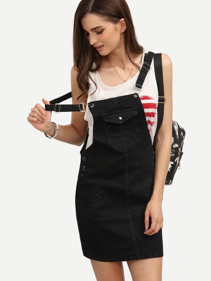Romwe Black Denim Strap Dress With Pockets