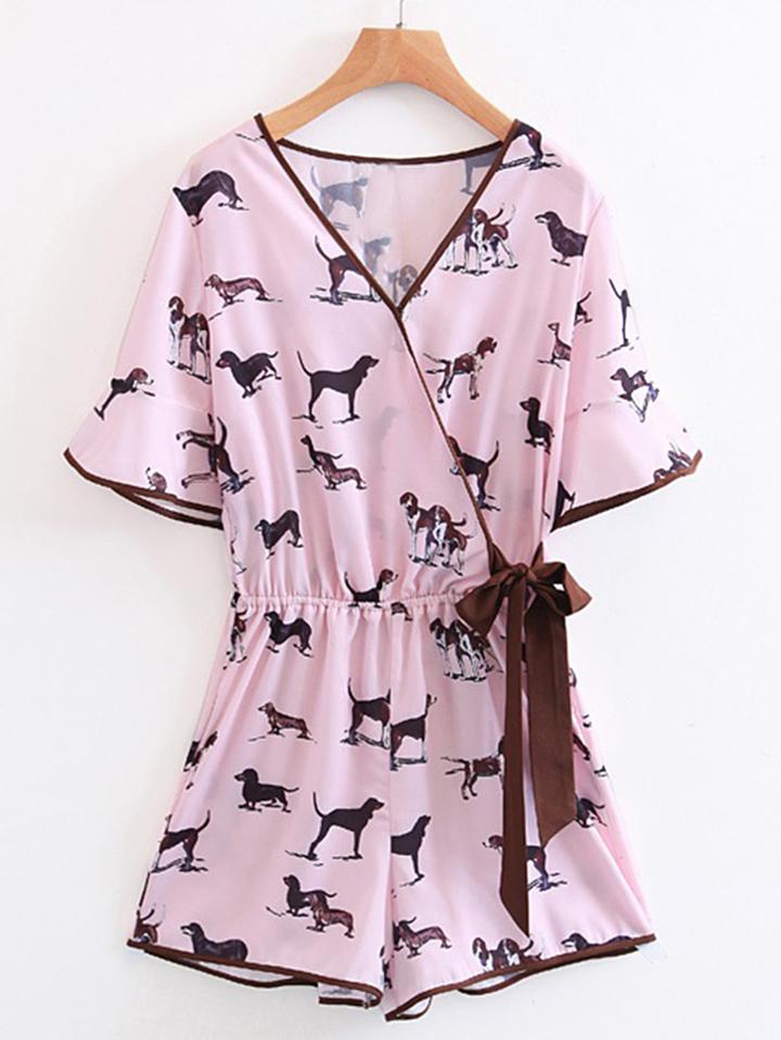 Romwe Bell Sleeve Tie Waist Playsuit