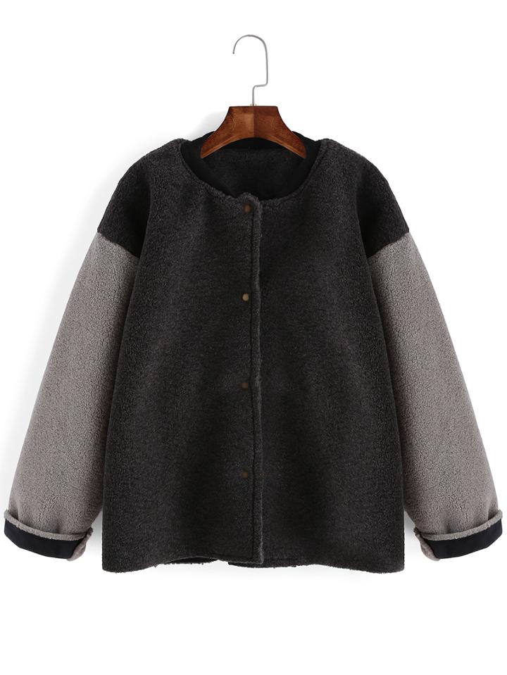 Romwe Contrast Sleeve Fleece Grey Coat