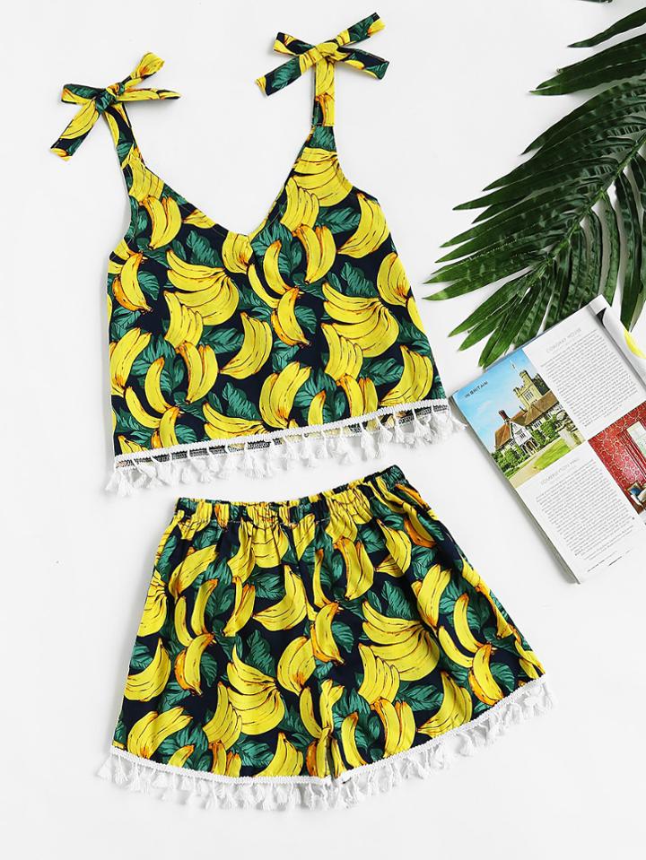 Romwe Self Tie Shoulder Random Tassel Trim Crop Top With Shorts