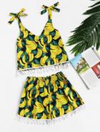 Romwe Self Tie Shoulder Random Tassel Trim Crop Top With Shorts