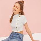 Romwe Button Detail Ribbed Crop Tee