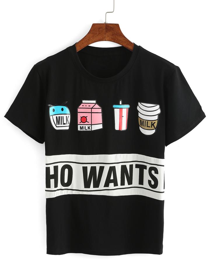 Romwe Black Milk Box Print T-shirt