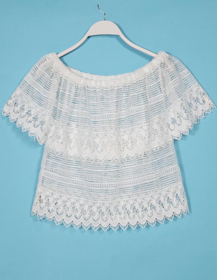 Romwe Embroidery Lace Layered Off The Shoulder Top