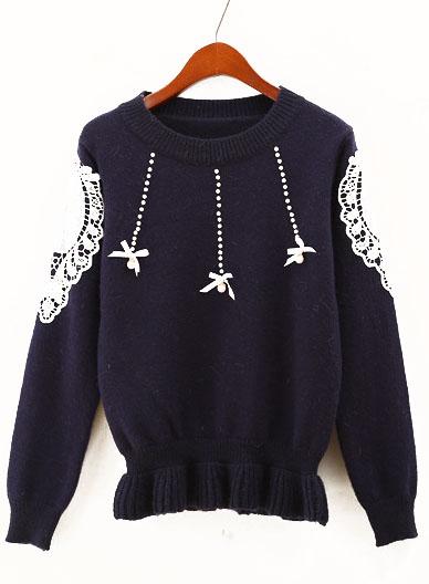 Romwe Lace Embroidered Beaded Navy Sweater