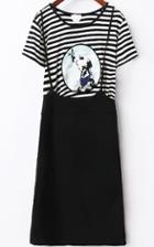 Romwe Striped Dog Print Top With Strap Skirt