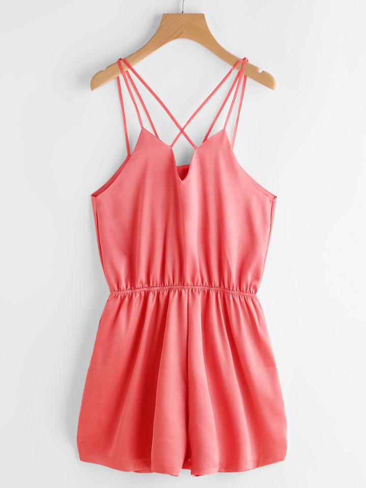 Romwe Criss Cross Elastic Waist Satin Cami Romper