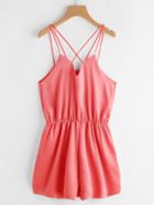 Romwe Criss Cross Elastic Waist Satin Cami Romper