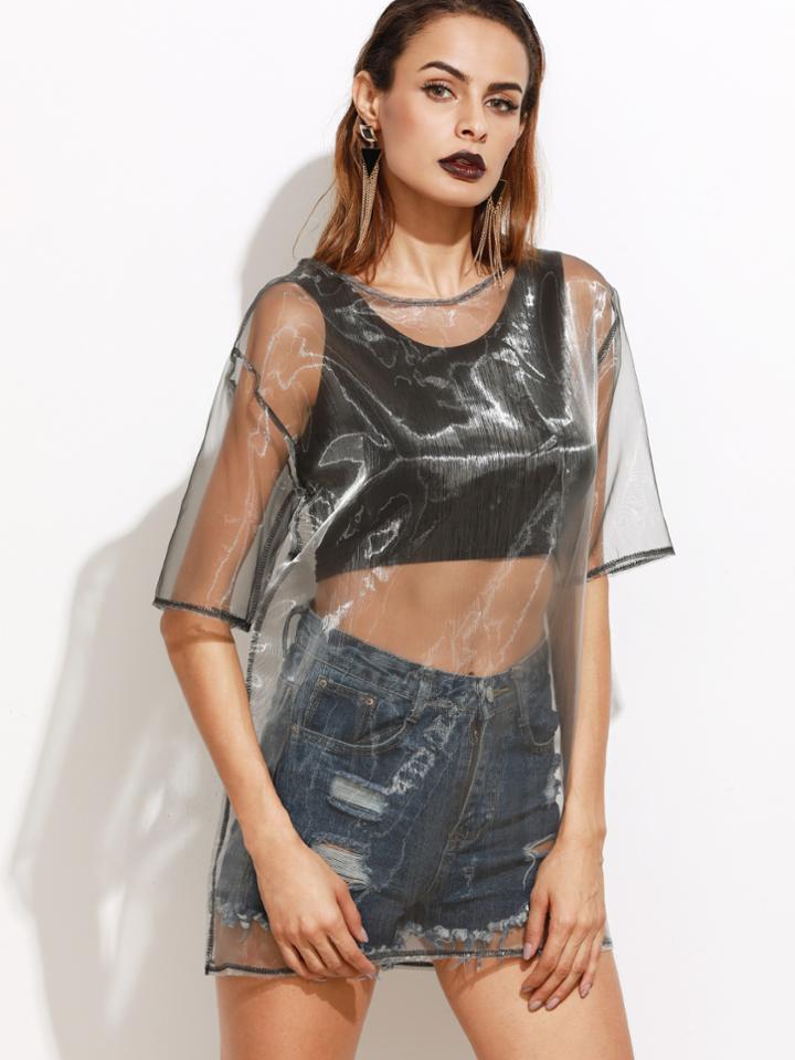 Romwe Elbow Sleeve Sheer Organza Top
