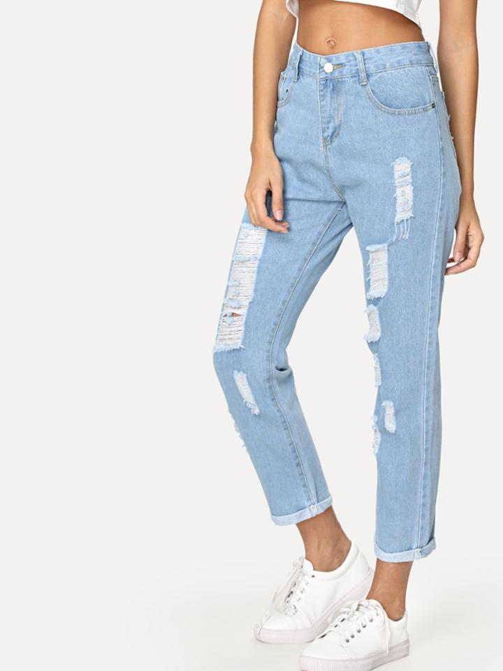 Romwe Ripped Cuffed Jeans