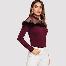 Romwe Mock-neck Mesh Yoke Faux Fur Fitted Tee