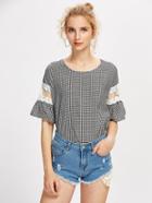 Romwe Embroidery Mesh Panel Gingham Blouse