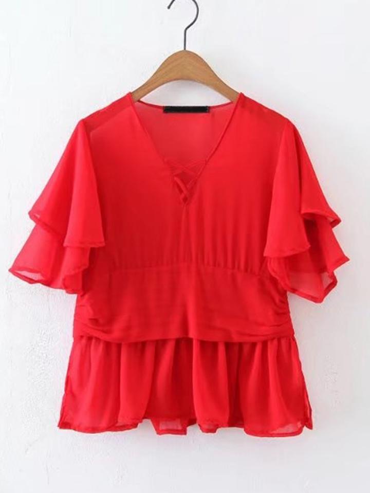 Romwe Criss Cross Front Layered Ruffle Top